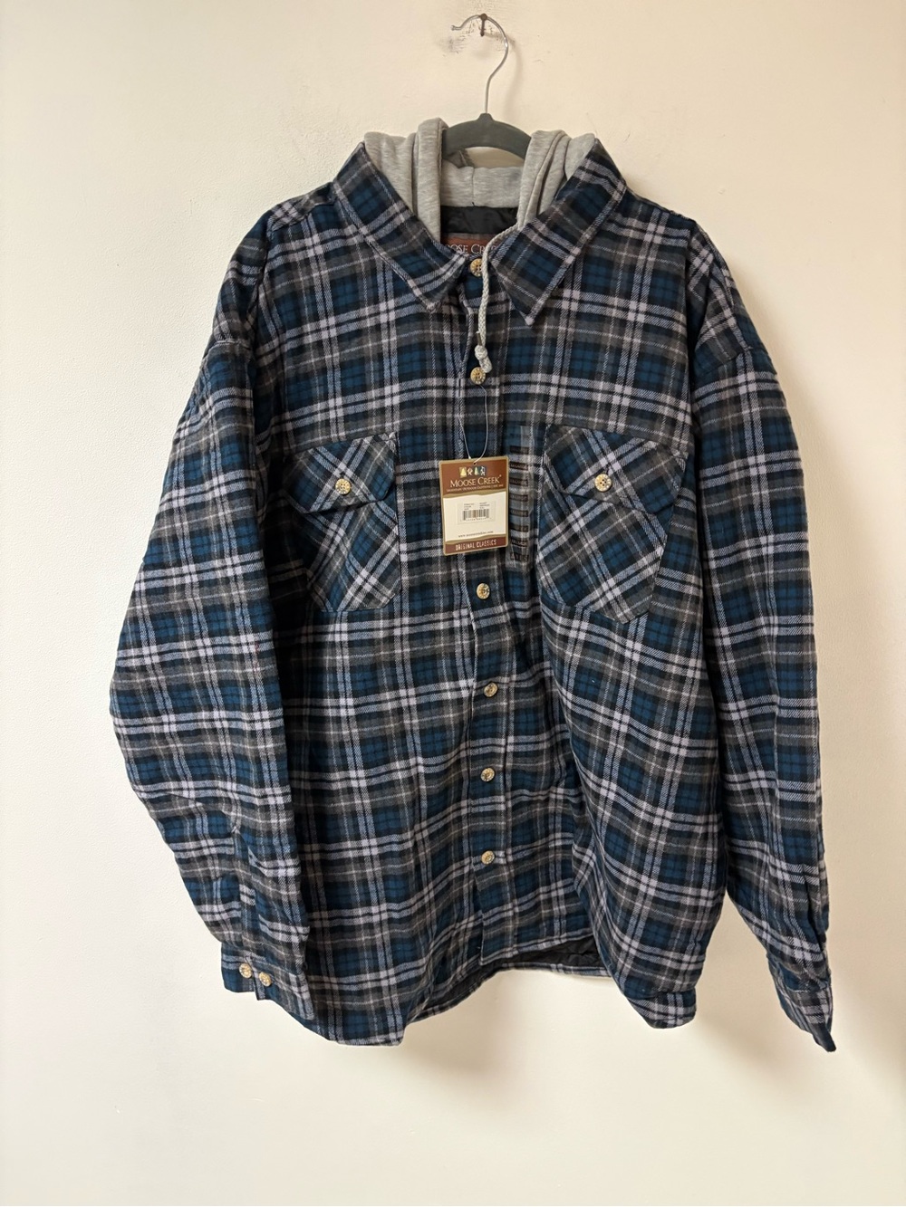 Moose Creek Men’s Plaid Hooded Button-Up Shacket in Blue and Gray XXL NWT